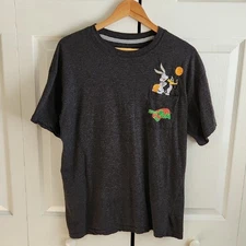 Space Jam Mens Charcoal Gray Embroidered T-Shirt Size LG Bugs Bunny Daffy Duck