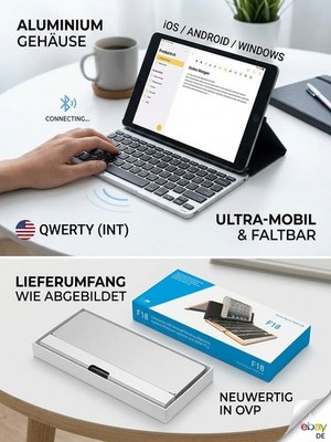 Faltbare Bluetooth Tastatur F18 | Aluminium Gehäuse für iPad, Tablet, Handy OVP
