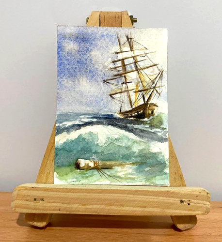 ACEO Original Watercolor Seascape Nautical Rough Seas Tall Ship Painting OOAK