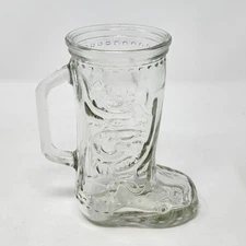 Glass Cowboy Boot Drinking Glass Mug With Handle 6 Inches  Embossed Very Good