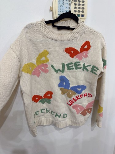 Weekend Max Mara Ivory Cotton Blend Knit Graphic Bow Crew Neck Jumper