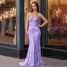 Strapless Lace Appliques Evening Dress Mermaid Sweep Train Lace-up Prom Dress