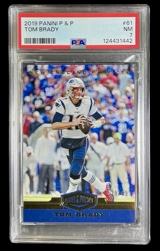 2019 panini #61 tom brady; blue /99 plates & patches PSA 7   **TOUGH!  POP 2,0^