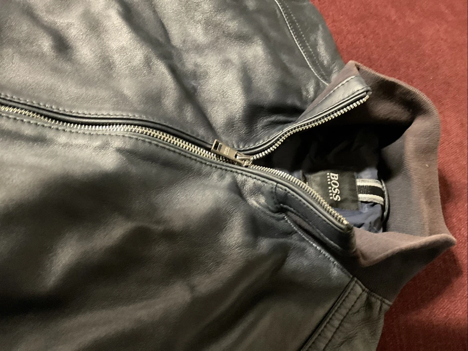 Hugo Boss Men's Leather Jacket Navy Blue Size 42R - Image 3 of 4