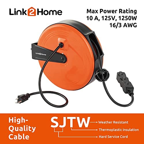  30 Ft Retractable Extension Cord Reel, Ceiling or Wall Mount 16/3 Gauge 30 ft