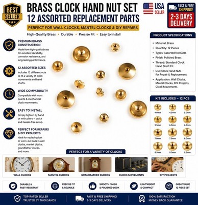 Brass Clock Hand Nut Set - 12 Assorted Replacement Parts for Wall & Mantel Clock