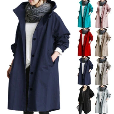 Womens Oversize Hooded Trench Coat Outdoor Ladies Wind Raincoat Forest Jacket