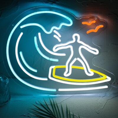 Surfer Silhouette Neon Sign - Beach House Wall Art, Surf Shack Decor, LED Light