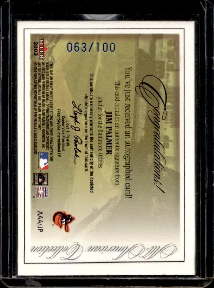 2003 Fleer Fall Classics Jim Palmer All American Blue Auto Autograph 063/100 - Image 2 of 2