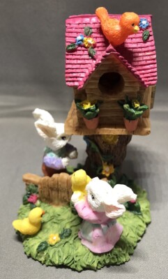 K s Collection Hinged Bird House with Easter bunnies Holding Baby Chicks w/eggs.