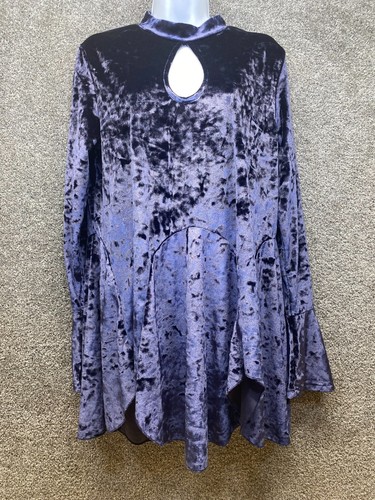 Jodifl Large Purple Crushed Velvet Velour Long Bell Sleeve Top High Neck Flowy