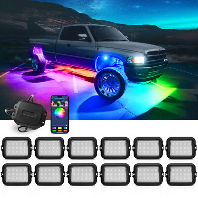 12 Pod Muiltcolor RGB+IC LED Rock Lights Offroad Underglow Kit App ATV UTV Truck