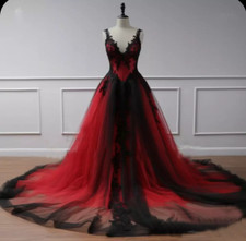 Black Red Gothic Wedding Dresses V Neck Lace Appliques Bridal Gowns Sweep Train