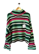 Davi & Dani Sweater Green Multi Color Cowl High Neck Drop Shoulder Roll Cuff 3XL