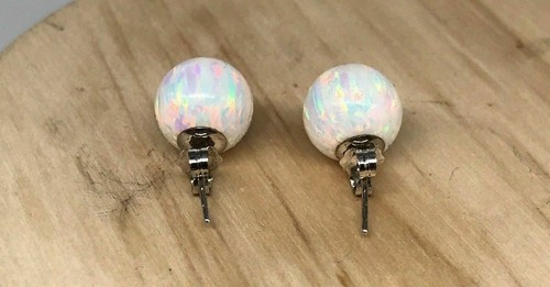 925 Sterling Silver Synthetic Opal Push Back Stud Earrings - Picture 6 of 9