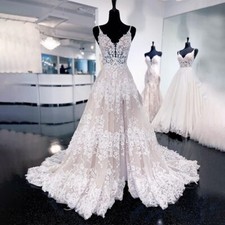 Princess A-Line Wedding Dresses Spaghetti Straps Sweep Train Lace Applique Gowns