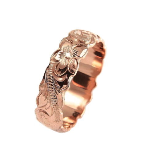 14K ROSE PINK GOLD HAND ENGRAVED HAWAIIAN PLUMERIA SCROLL BAND RING CUT OUT 6MM - Picture 1 of 3