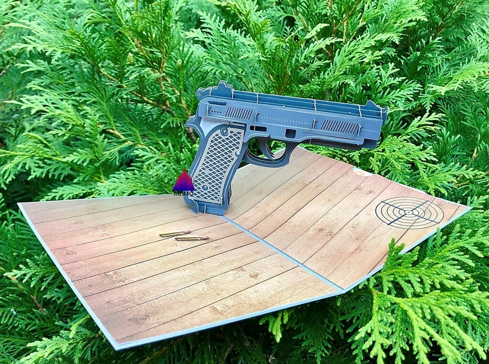 Tarjeta de felicitación emergente 3D pistola pistola hecha a mano cumpleaños deportes fiesta regalo Foto 4 de 4