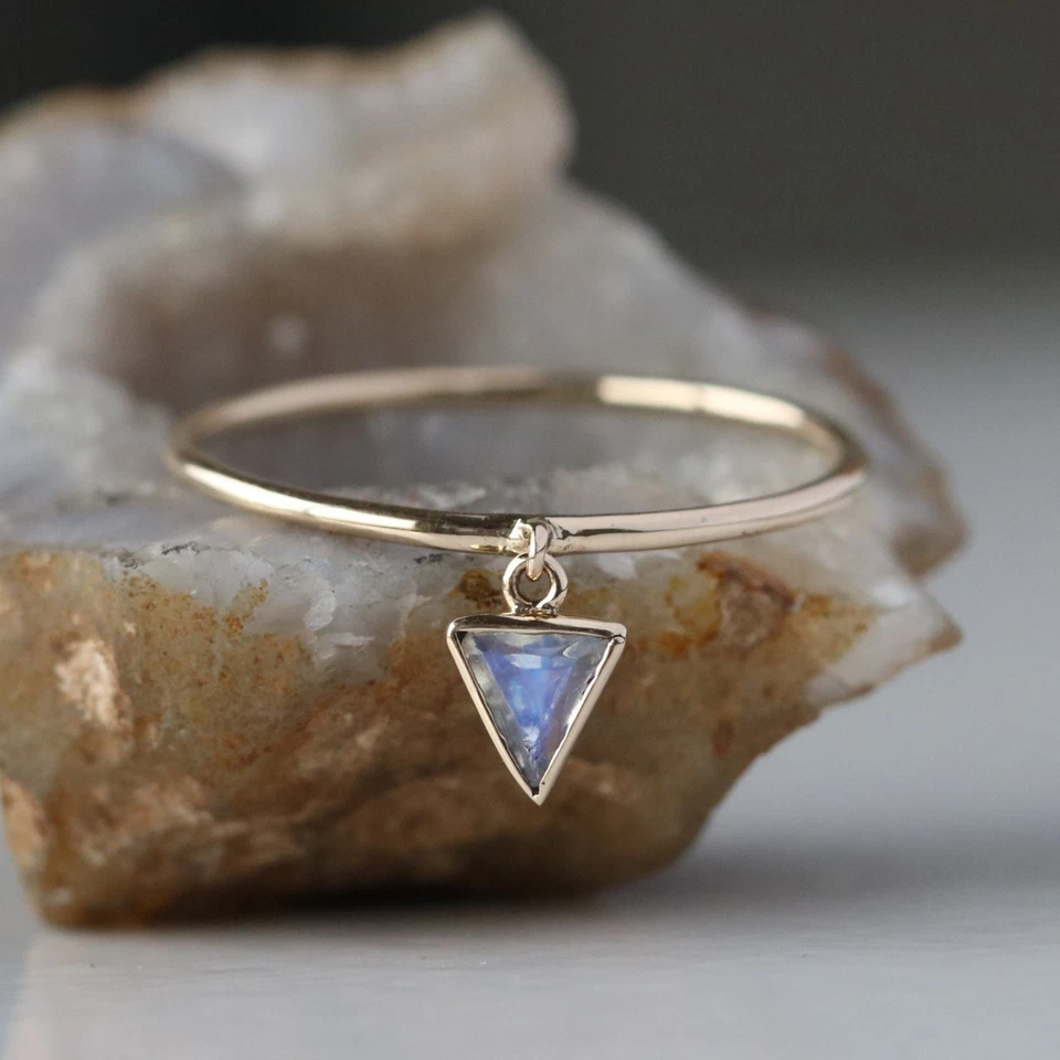Solitaire Triangle Drop Moonstone Thin Band Ring, 14k Gold Dainty Stackable Ring - Image 3 of 4