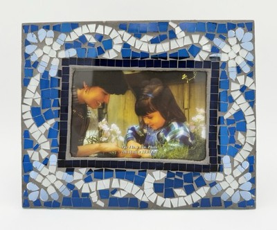 Cracker Barrel Glass Mosaic Blue & White Photo/Picture Frame Easel Stand Back
