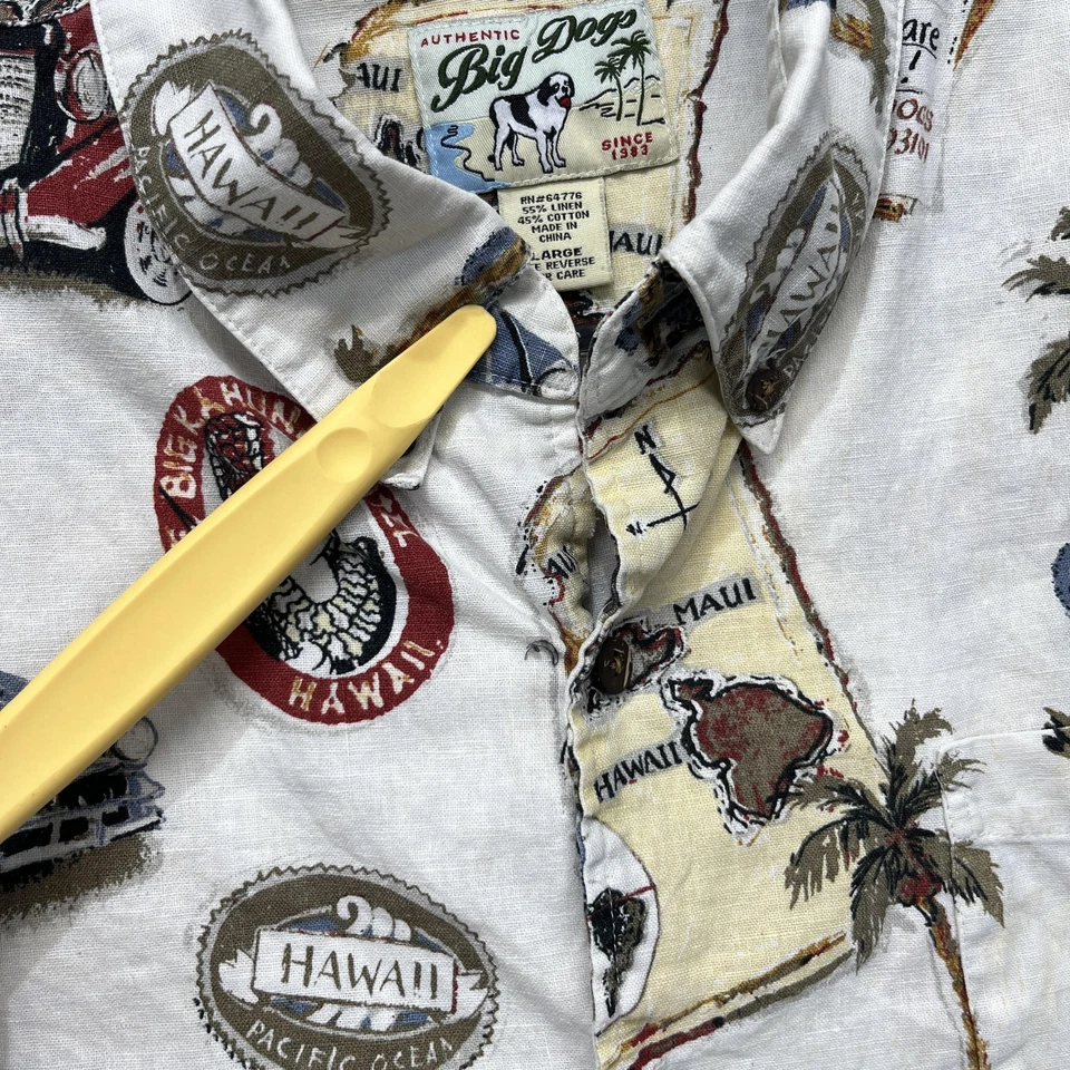 Big Dogs Hawaiian Shirt Mens Large Cream Aloha Old Cars Palm Print Linen Cotton - Image 2 of 4