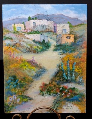 Norma McDaniel Signed Art Painting 8'' X 6'' On Wooden Board Pueblo Landscape Hang