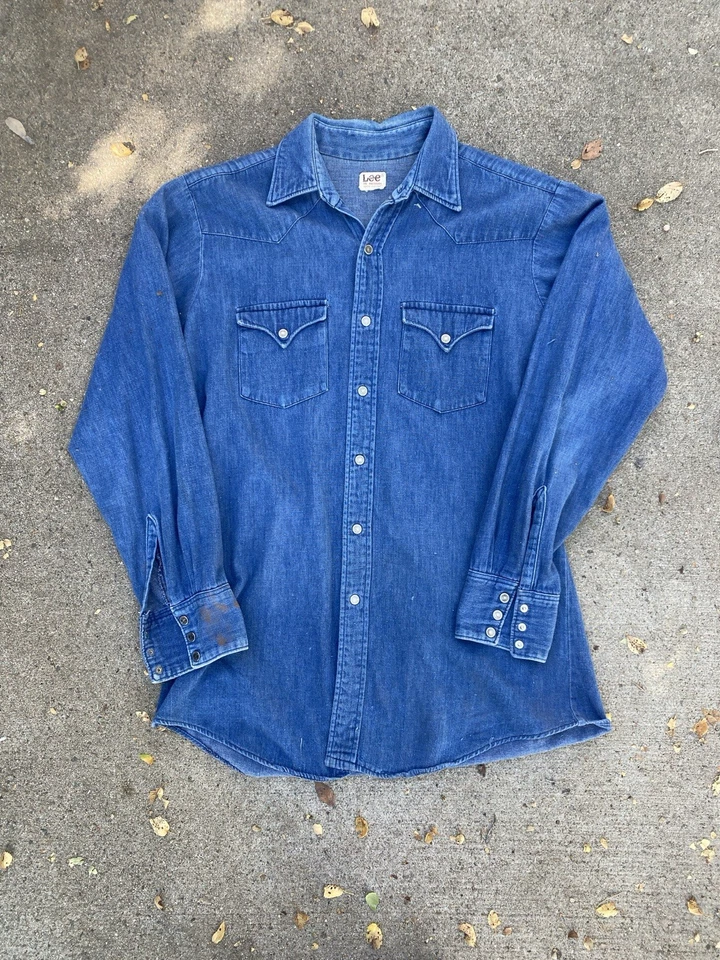 Vintage 60s 70s LEE Denim Western Shirt Medium Rare Scovill Snaps - Image 2 of 4