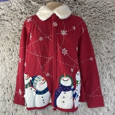 Tiara Snowman Christmas Winter Wonderland Snowflakes Red Zip Up Sweater Medium