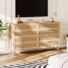 Wooden Rattan Chest of Dressers 8 Drawers Dresser for Bedroom