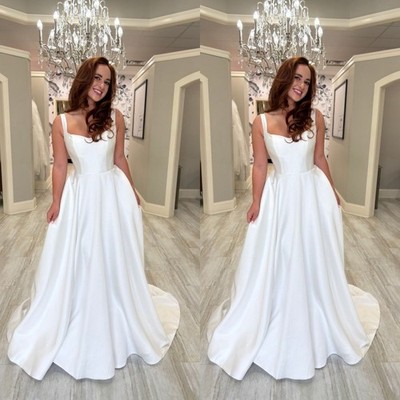 Simple Wedding Dresses Satin A Line White/Ivory Sweep Train Bridal Gowns