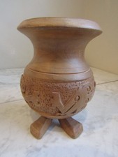 Vintage Hand Crafted Wooden 6" Vase Wide Mouth and Pedestal Base Probably Asian