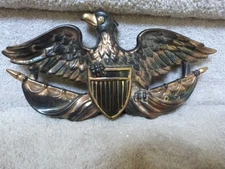 VTG Mid Century Terracotta Metallic Gold & Black Eagle Shield Wall Hanging 11.3"