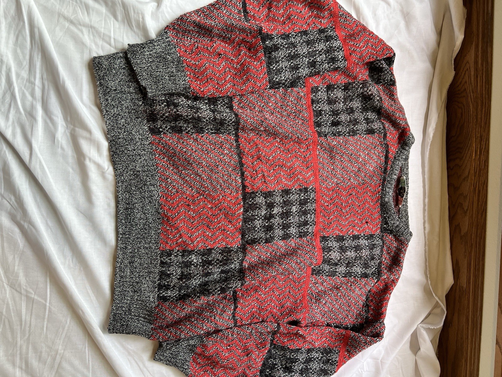 Patchwork Knit Sweater with Red and Grey Checks M… - image 1