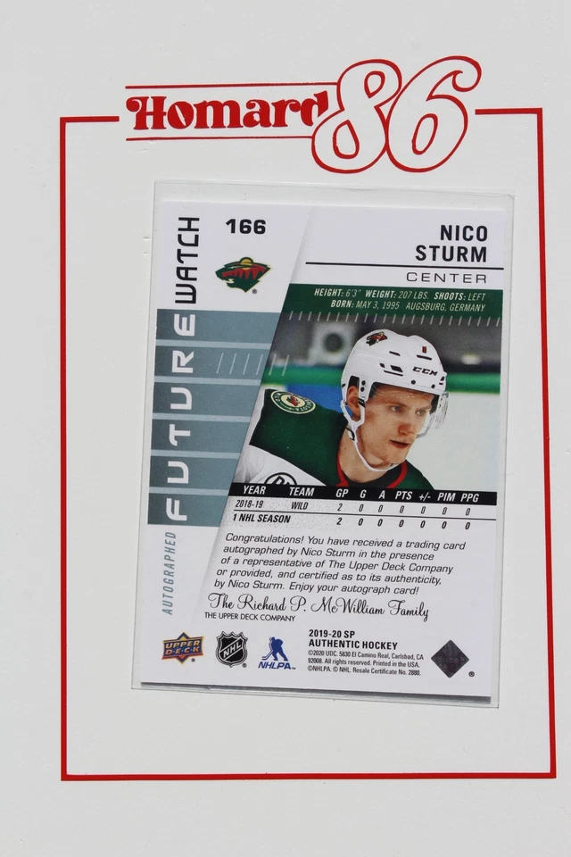 2019-20 SP Authentic #166 Nico Sturm RC AUTO /999 - Minnesota Wild - Image 2 of 2
