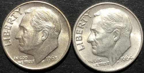 1963-D 1964-D SILVER DIME COIN LOT 2 pcs
