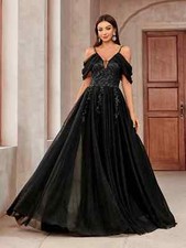 Gothic Black Tulle Wedding Dresses Lace Appliques V-Neck A-line Bridal Gowns