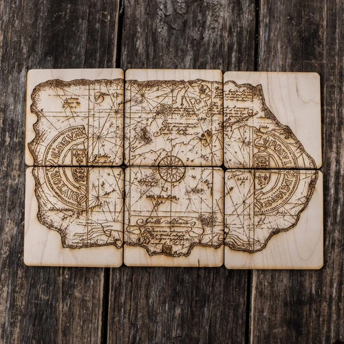 One Eyed Willie Treasure Map Wood Coaster Set of six 4x4in Raw Wood