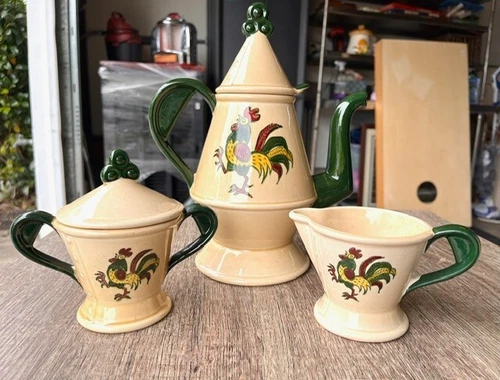 Vintage Metlox Poppytrail CA Provincial Green Rooster Coffee Set Ceramic 