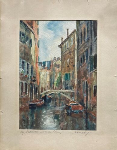 Aquarell Fritz Moeller-Schlünz Kanal in Venedig mit Booten und Wäsche Italien - Picture 1 of 8
