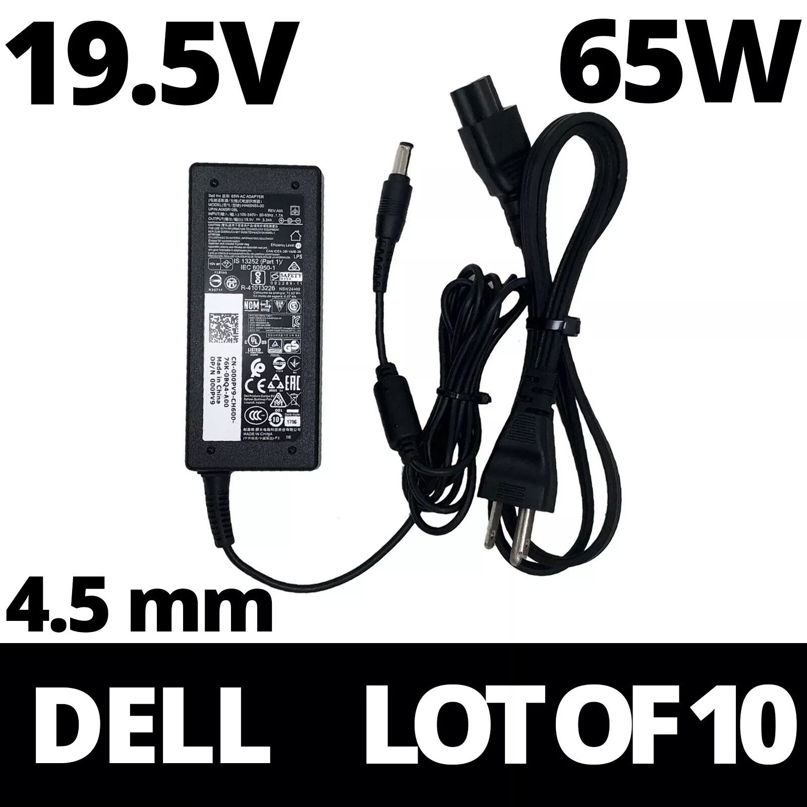 LOT OF 10 ORIGINAL DELL 65W AC ADAPTER LAPTOP SMALL TIP 4.5MM & CORDS