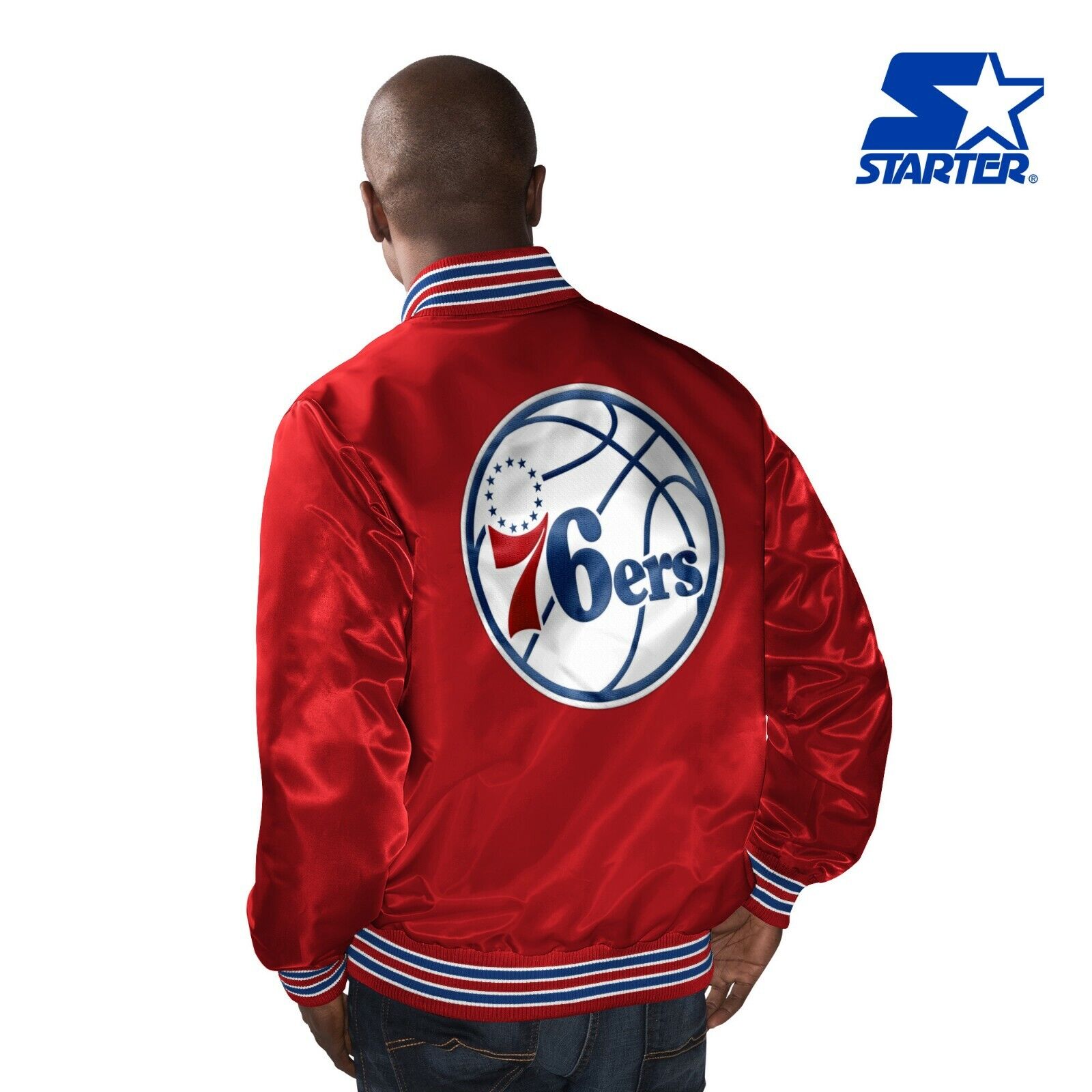 Men's Starter Navy Philadelphia 76ers Home Game Satin Full-Snap Varsity Jacket Size: Large