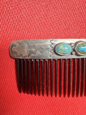 Native American Sterling Silver & Turquoise Hair Comb Pretty Sterling Navajo Turquoise Hammered Silver Hair Combs  main image 3