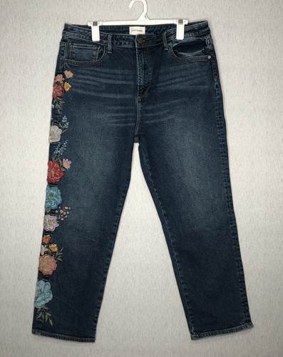 Driftwood Jeans Meg 32 Cropped High Rise bestickt Blumen rosa türkis gelb