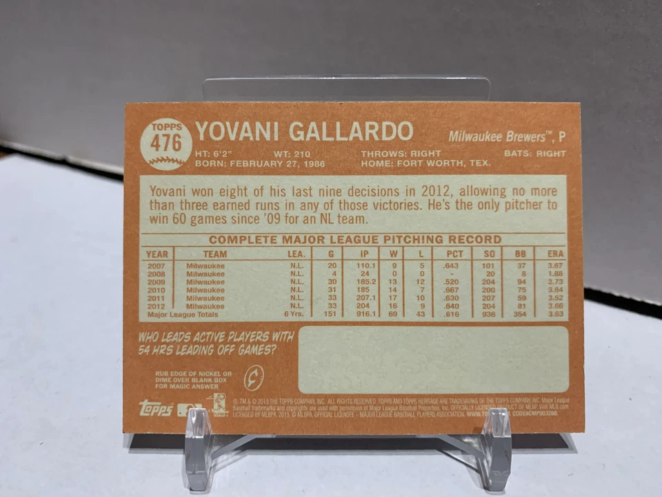 YOVANI GALLARDO SP 2013 TOPPS Heritage 高系列 #476 /100 — 第 2/2 张图片
