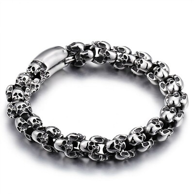 BLACKSTATIC Polished Stainless Steel Silver Skull Bracelet w/Metal Gift Box