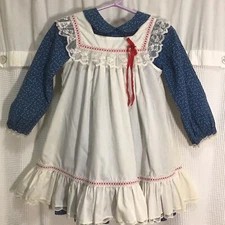 Vintage BRYAN Girls Dress Blue Floral Pinafore  Lace  Peter Pan Collar Size 6
