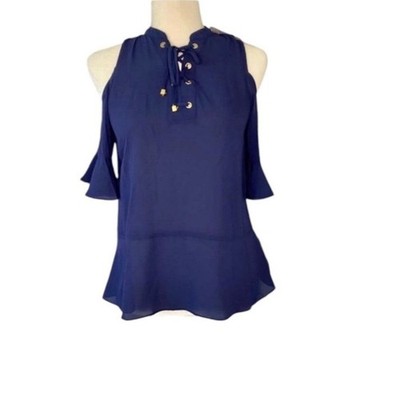Michael Michael Kors Women's Navy Petite Cold Shoulder Lace Up Top