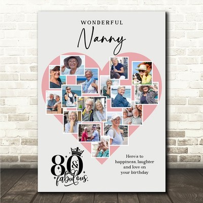 Fotocollage 80. Geburtstag Geschenk für Nanny 16 Fotos rosa Herz Druck oder Leinwand