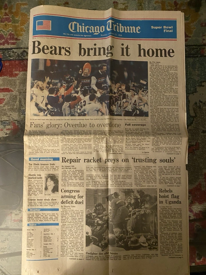 原版印刷品,芝加哥熊队冠军纸。 1/27/86。 熊把它带回家! — 第 3/4 张图片