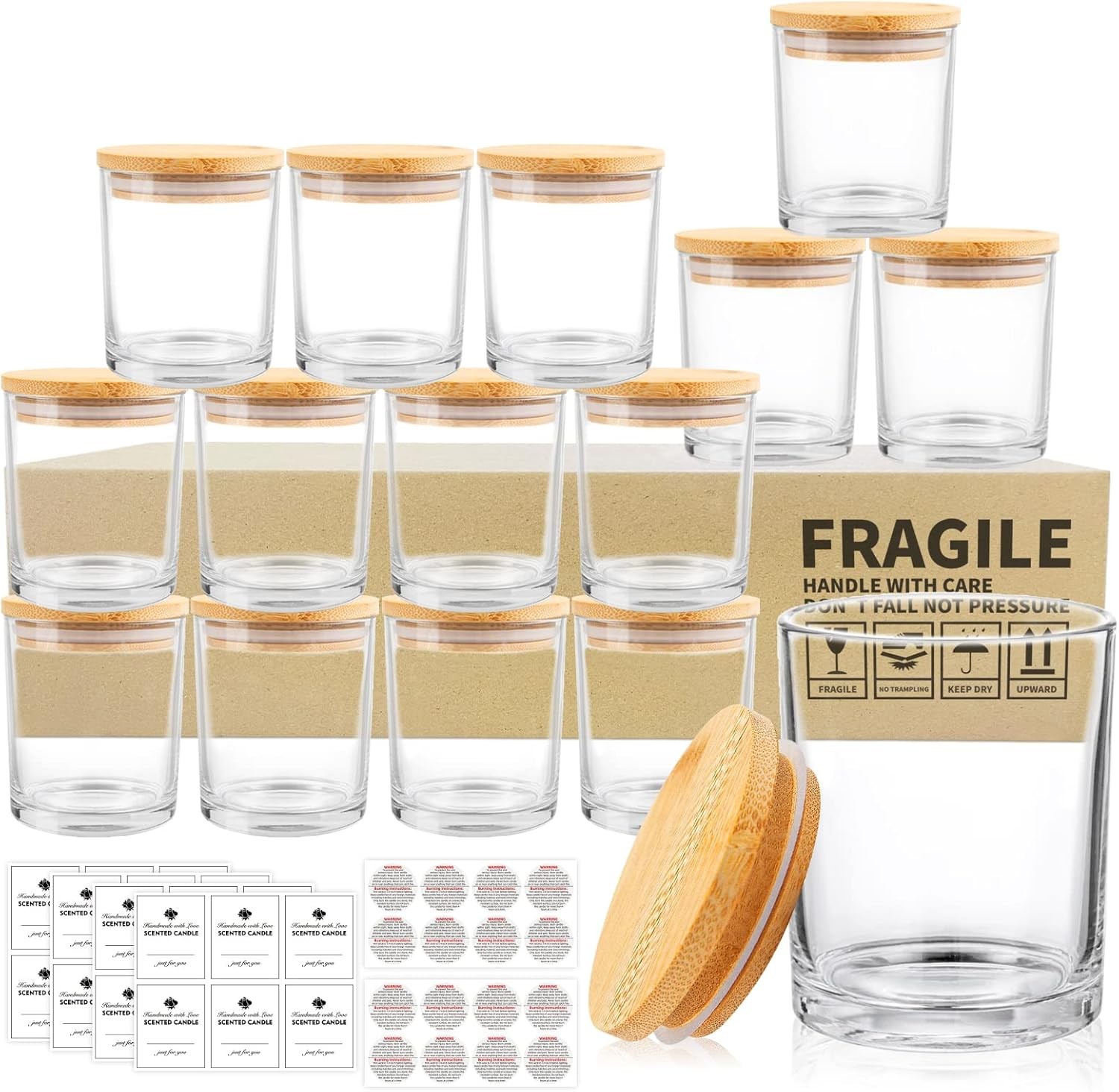 15 Pack Clear Empty Candle Jars with Bamboo Lids and Sticky 